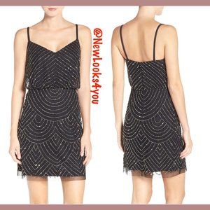 NEW Adrianna Papell Art Deco Sequin Blouson Dress in‎ Black Mercury [SZ 10 ]